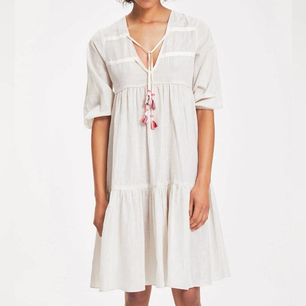 Lemlem Womens Metallic White Multicolor Striped Tassel Midi Dress Large